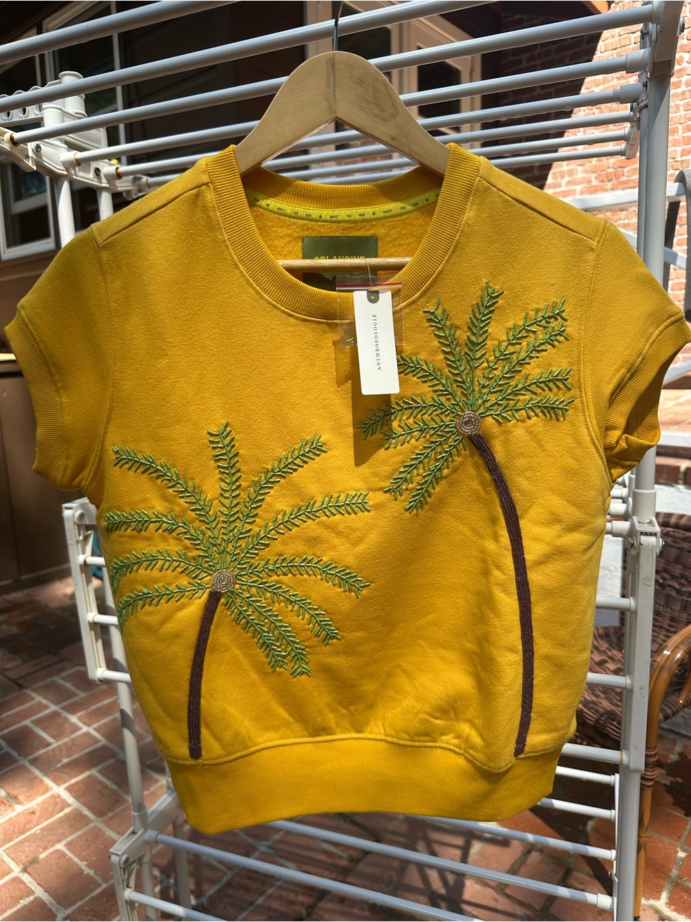 Anthropologie Celadine Mustard Embroidered Palm Short Sleeve Sweatshirt